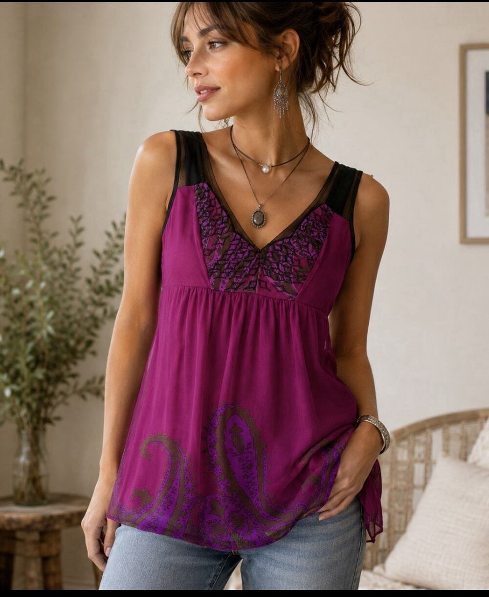 Kenar Silk Tunic Top S Magenta Black Paisley Sheer Y2K Babydoll Boho